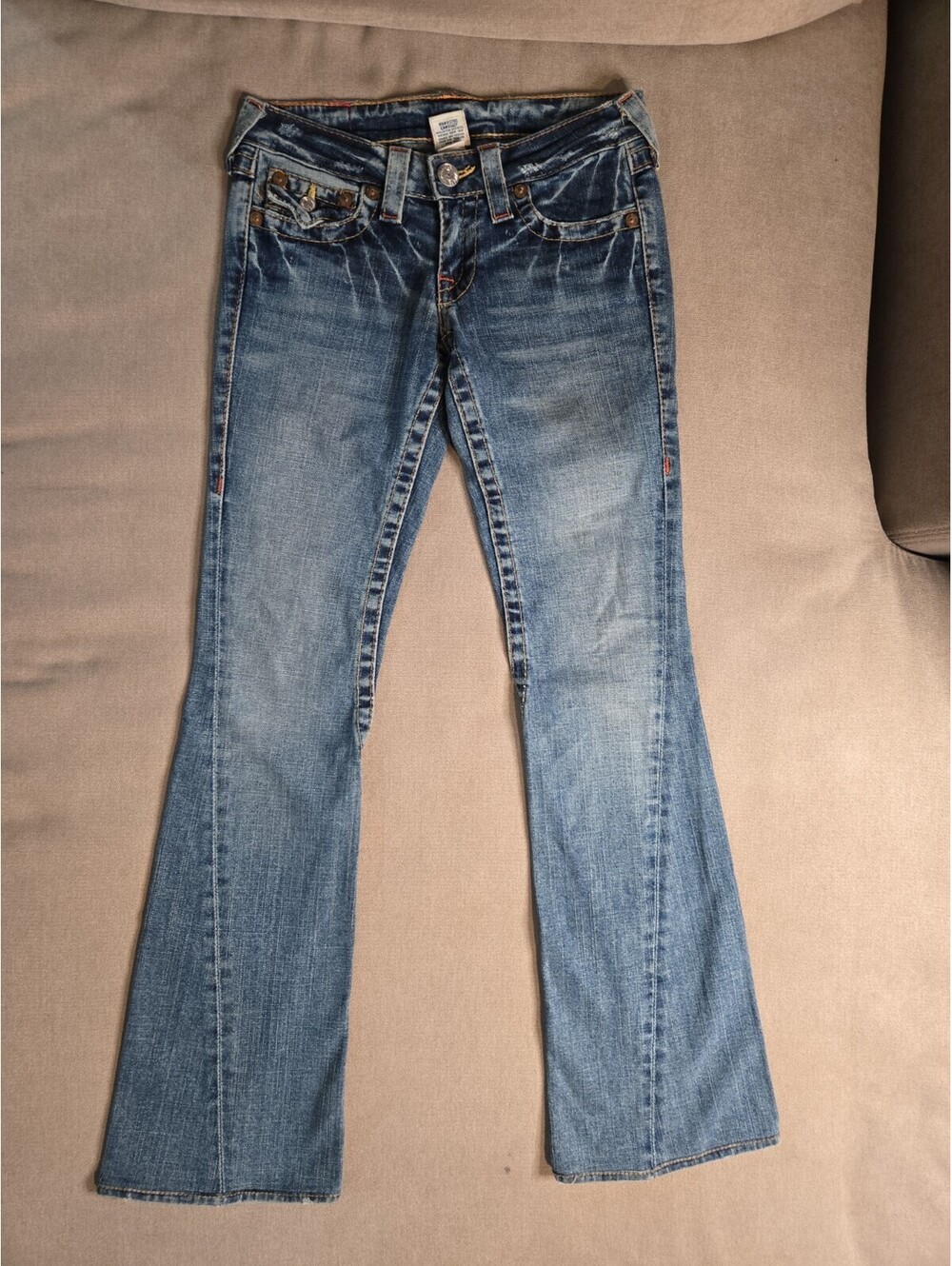 VTG True Religion Jeans Womens 26 Joey Big T Flare Distressed Y2K Thick Stitch